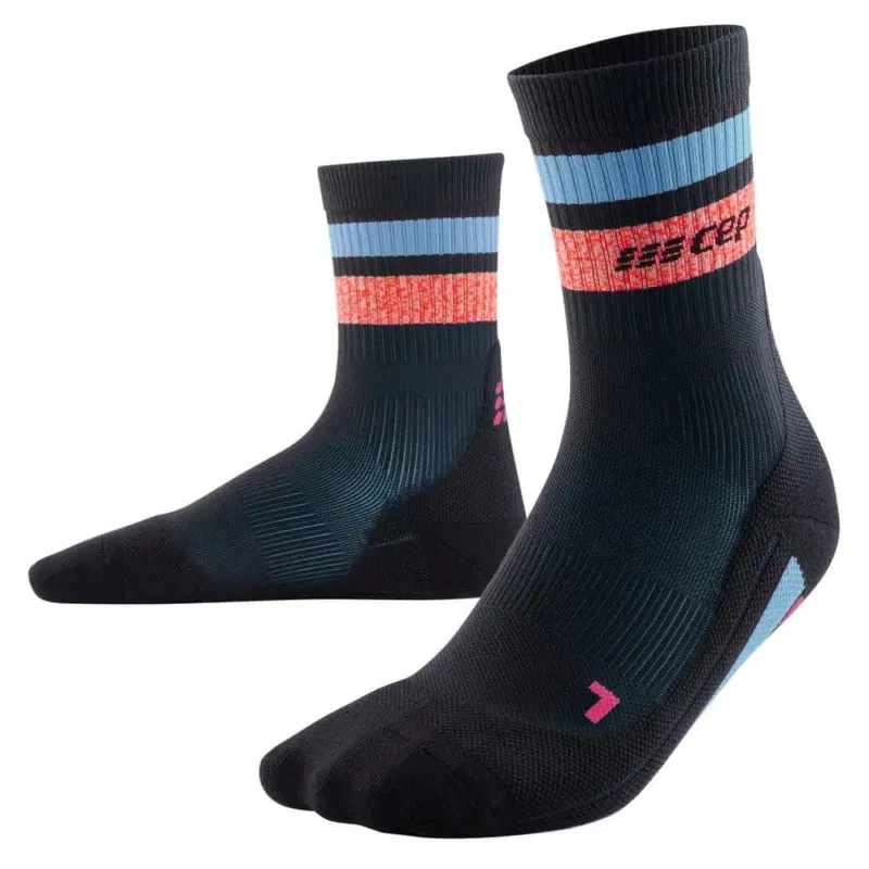 CEP RUN MIAMI VIBES 80'S COMPRESSION MID CUT SOCKS (W) Компрессионные носки женские Черный/Коралловый/Голубой
