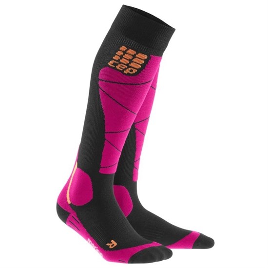 CEP SKI MERINO COMPRESSION SOCKS (W) Компрессионные гольфы с шерстью мериноса для горнолыжного спорта женские Черный/Розовый - фото 287426