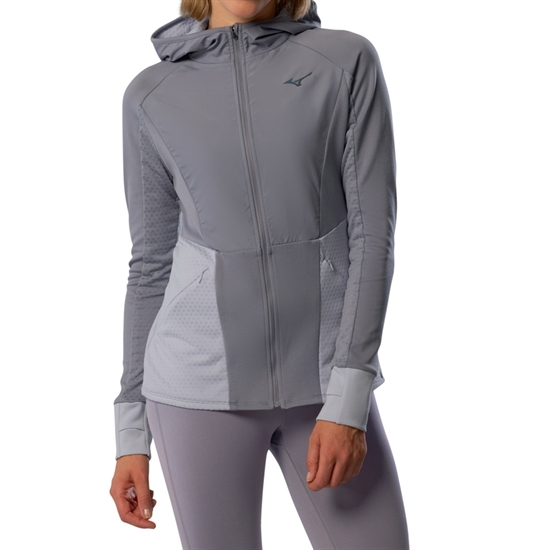 Mizuno ACTIVE WARMALITE HYBRID FULL ZIP HOODED LS TOP (W) Утепленный лонгслив с капюшоном женский Серый - фото 316647