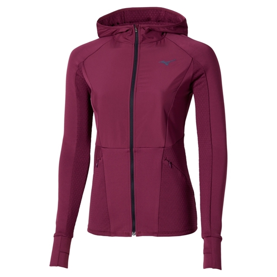 Mizuno ACTIVE WARMALITE HYBRID FULL ZIP HOODED LS TOP (W) Утепленный лонгслив с капюшоном женский Бордовый - фото 322229